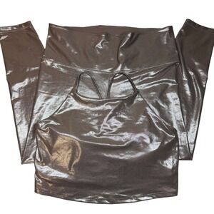 Old Navy 2X Active Powersoft Metallic Halter Top & Leggings Set Bronze Yoga Gym